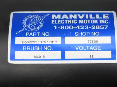 Manville Electric Motor D562292X8757 REB Hydraulic Pump & Motor 36VDC PLRDD100