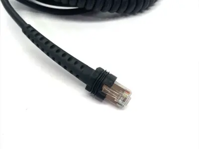USED DATALOGIC COILED SCANNER SERIAL CABLE RS 9P SOCKET CORD, 3.6M, SH5327