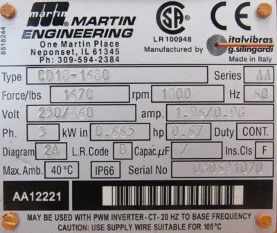 NEW MARTIN ENGINEERING CD18-1680 INDUSTRIAL VIBRATOR .67HP 230/460V 1800RPM