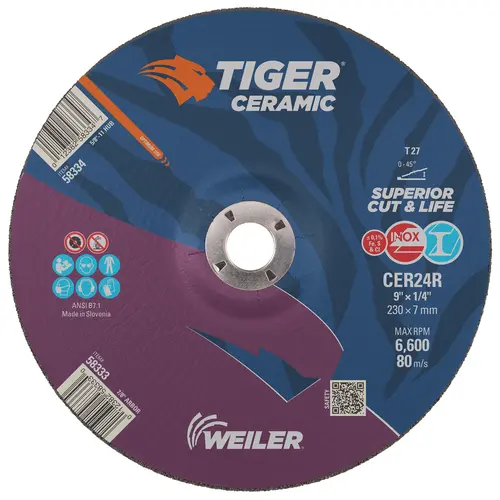 Weiler 9" x 1/4" x 7/8" Tiger Ceramic Grinding Wheel Type 27