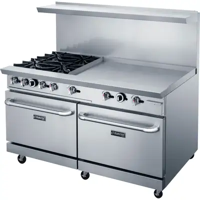 New | in-Stock Dukers New Dukers DCR60-4B36GM 60" Gas Range with Four (4) Open Burners & 36" Flat Top Griddle Commercial Ranges Illinois US | Falcon Restaurant Supply #1376264