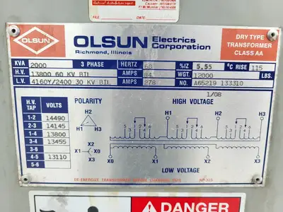 2000kVA Transformer 13800 pri. volts, 4160Y/2400 sec. volts, 3Ph