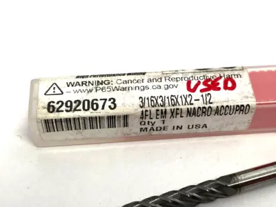 USED ACCUPRO SQUARE END MILL 3/16" DIA, 1" LOC, 4 FLUTE, SOLID CARBIDE