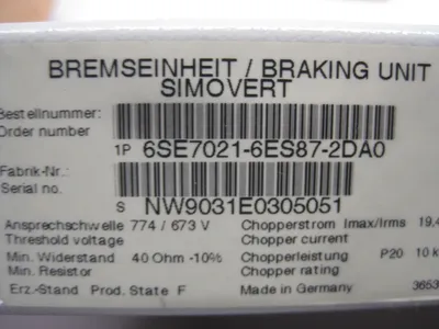 Siemens 6SE7021-6ES87-2DA0 Breaking Unit 6SE70216ES872DA0