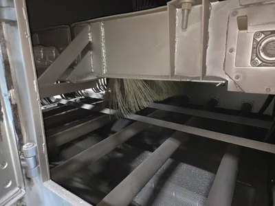 1993 Pangborn 7-Wheel Structural Blast Machine, 24" x 48" Opening, 60' In-Out Conveyors w/ (6) Cross