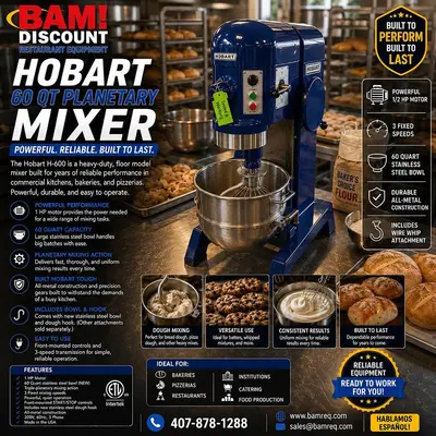 Hobart H-600 60 Qt Mixer 1HP - 3Ph - 200v New Stainless Bowl And Dough Hook