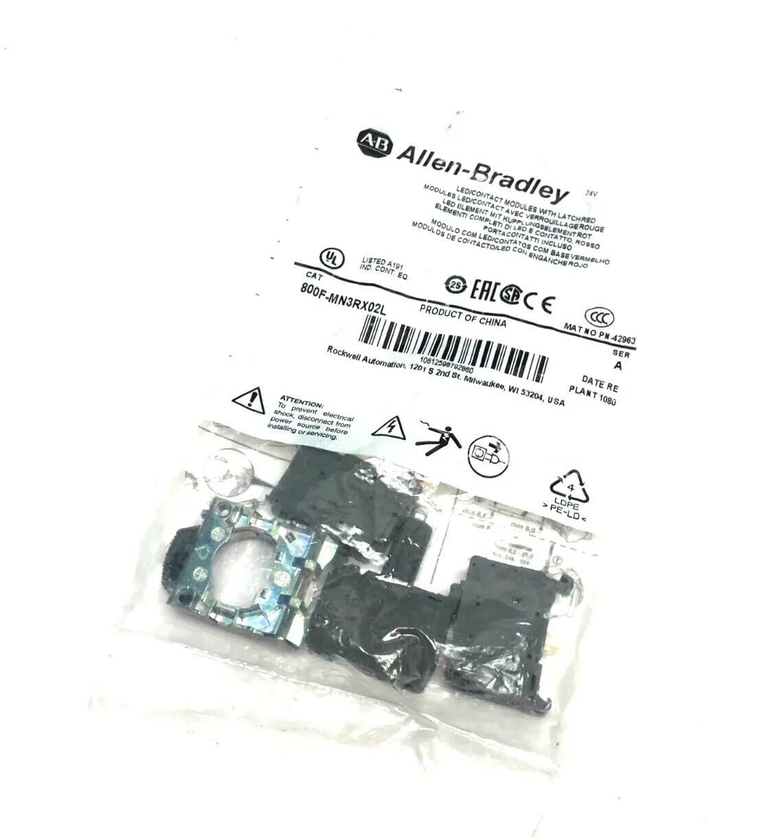 Allen Bradley 800F-MN3RX02L Ser. A Pushbutton Illumination Contact Kit - New