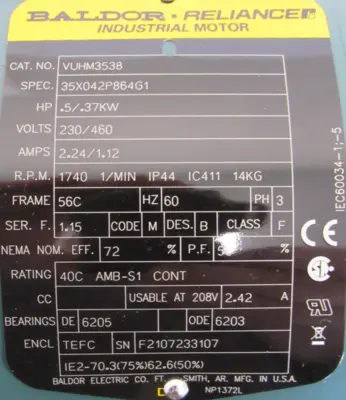 NEW BALDOR VUHM3538 MOTOR .5HP 230/460V 1740RPM