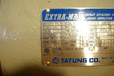 NEW TATUNG ELECTRIC WJ1Y54DFA 3 PHASE INDUCTION MOTOR 1.5 HP 1720 RPM