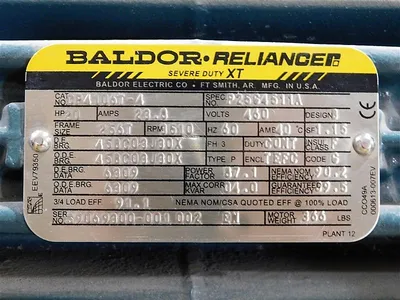 20 HP Baldor CP4160T-4 Severe Duty XT Motor 460V 3510 RPM TEFC P25G4511A New
