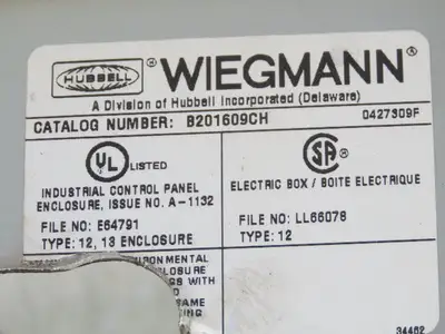 Wiegmann B201609CH Electrical Enclosure 20x16x9" Wall Mount 5.5x7.5" Cutout