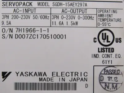 NEW YASKAWA ELECTRIC SGDH-15AEY297A SERVO AMPLIFIER WITH JUSP-NS100 INTERFACE