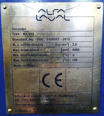 Alfa-Laval NX 912B-11G tricanter centrifuge, 316SS.