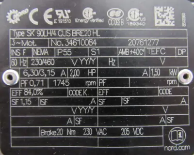 NEW NORD SK02050N140TC-90LH/4 GEARMOTOR 16.86:1 1HP 1" DIA. SK90LH/4CUSBRE20HL