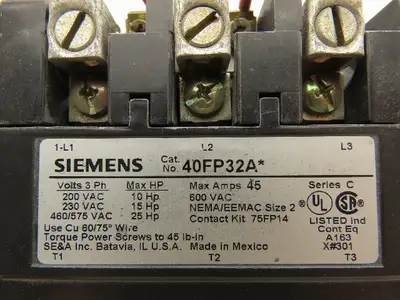Siemens 40FP32A Contactor Motor Starter 25Hp 600VAC 3Ph 480V Coil Ser C Size 2