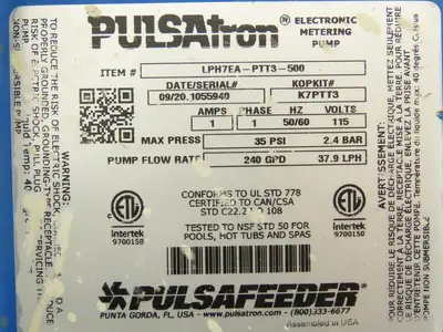 Pulsafeeder Pulsatron LPH7EA-PTT3-500 Metering Pump 240 GPD 37.9 LPH 35psi 115V