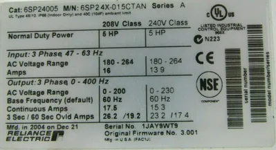 NEW RELIANCE ELECTRIC 6SP24X-015CTAN AC DRIVE SER A 5HP 6SP24X015CTAN