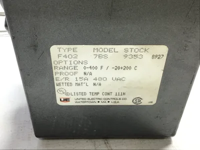 United Electric Controls 7BS Pressure Switch Range 0-400F 15A 480VAC Type F402