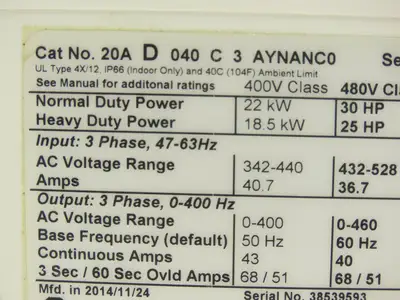 Allen Bradley 20AD040C3AYNANC0 PowerFlex 70 AC Drive 30Hp 480VAC 3Ph 40A Ser A