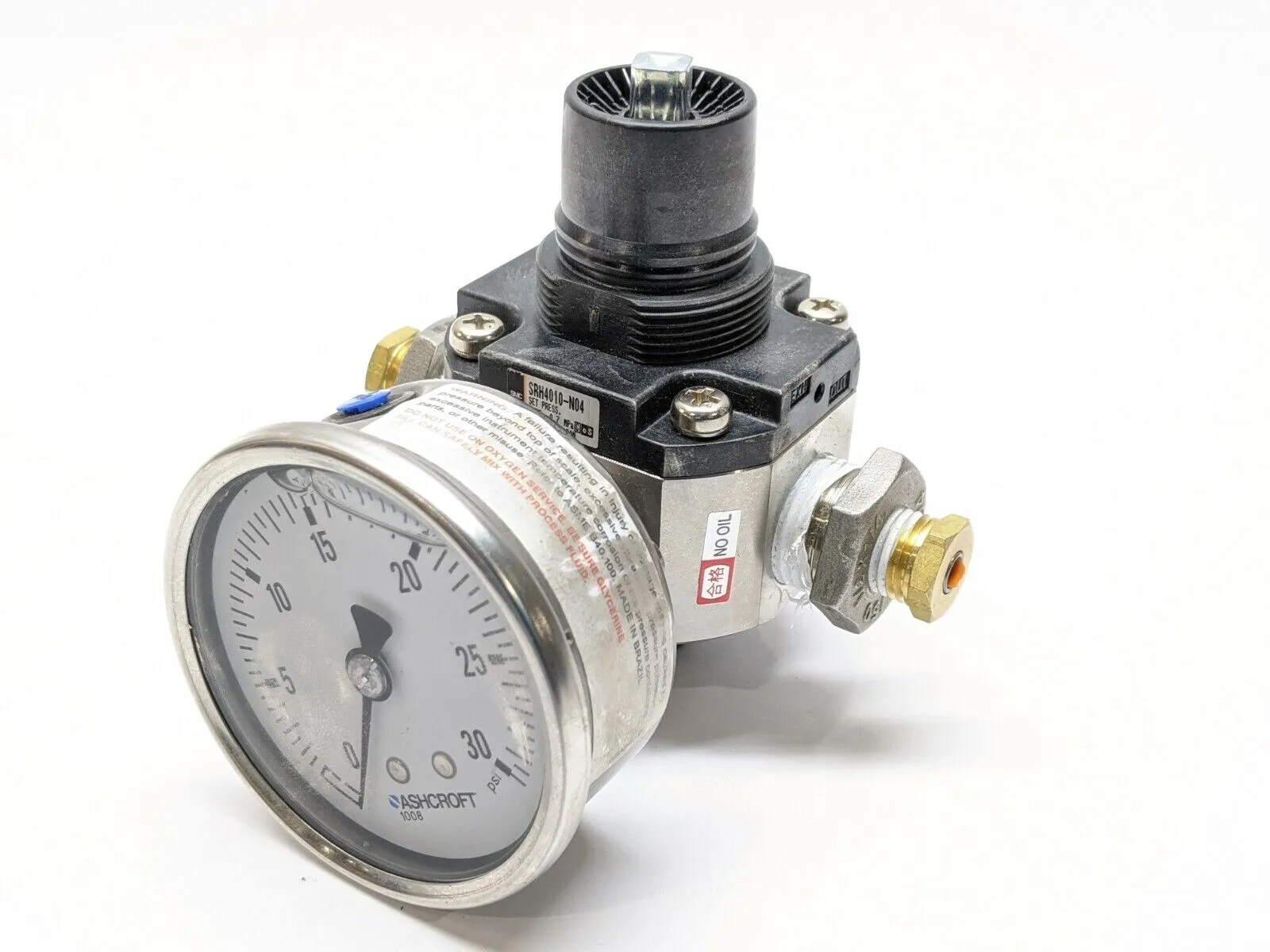 SRH4010-N04 | SMC  SS Regulator w/ Ashcroft 30 psi Liquid Filled Gauge - Used