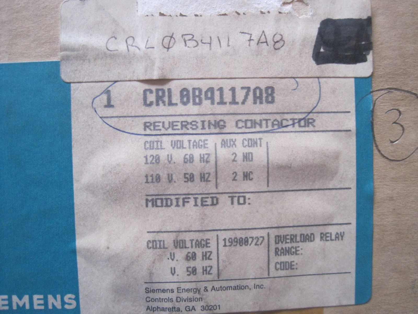 NEW SIEMENS CRL0B4117A8 REVERSING CONTACTOR