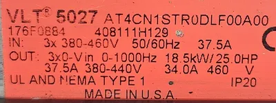 DANFOSS VLT 5000 AQUA 5027 AT4CN1STR0DLF00A00 Drive Loc1F