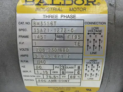 Baldor Electric BM3556T Brake Motor 1Hp 1140 RPM 230/460V 3PH 145T
