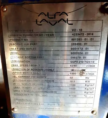 Alfa-Laval VO-10 vegetable oil separator, 316SS.