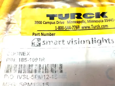 USED TURCK, COGNEX SINGLE ENDED CONNECTION CORDSET BREAKOUT CABLE IVSL-5PM12-15
