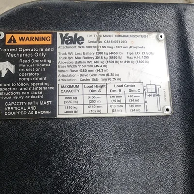 YALE Lift Truck Model NR040AENS24TE091 3650LB # 6117