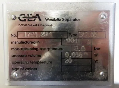 Westfalia SC 35-06-177 Hydrostop clarifier centrifuge, 316SS.