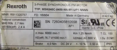 REFURBISHED REXROTH R911320757 SERVO MOTOR MSK040C-0450-NN-M1-UP1-NNNN