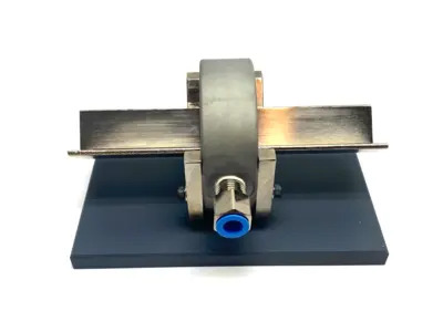 USED MAHR DIMENSIONAIR 2-JET AIR RING GAUGE W/ GUIDE CHUTES & BASE PLATE