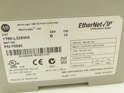 Allen Bradley 1766-L32AWA MicroLogix 1400 Controller Module 32Pt Series B FW 14