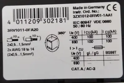 Siemens 3RV1011-0FA20 Starter Switch Loc4E26