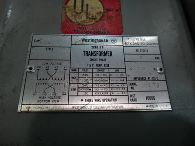 Westinghouse Single Phase, 5 KVA, 120x240, 120-240