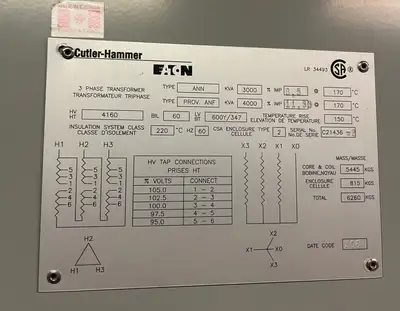 3000 kVA Transformer 4160V Pri. 600Y/347V Sec.