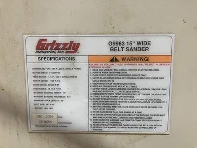 USED 2004 GRIZZLY G9983 15" WIDE BELT SANDER