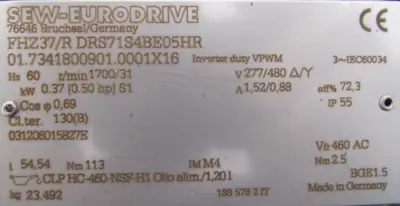 NEW SEW EURODRIVE FHZ37/R DRS71S4BE05HR GEARMOTOR 277/480V 54.54