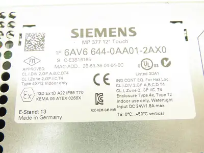 Siemens 6AV6 644-0AA01-2AX0 MP377 Simatic 12" HMI Touch Screen Control Panel