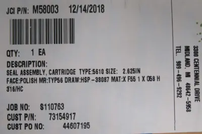 NEW JOHN CRANE M58003 CARTRIDGE SEAL ASSEMBLY 5610 2.625"
