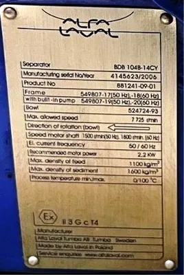 NEW: Alfa-Laval BDB 104B-14CY oil purifier, SS.