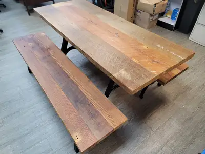 Used FalconRestaurantSupply Used Beautiful Reclaimed Wood Table with 2 Benches - Pine Restaurant Equipment (Miscellaneous) Illinois US | Falcon Restaurant Supply #1376824
