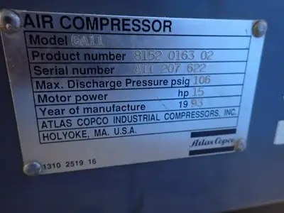 Used 1993 ATLAS COPCO GA 11 Rotary Screw & Sliding Vane Air Compressors Ohio US | HGR 24 #1184337