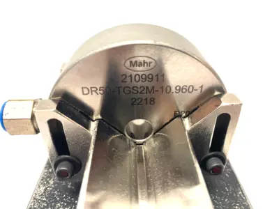 USED MAHR DIMENSIONAIR 2-JET AIR RING GAUGE W/ GUIDE CHUTES & BASE PLATE