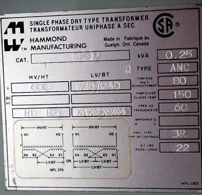 NEW HAMMOND QJ9P SINGLE PHASE DRY TRANSFORMER