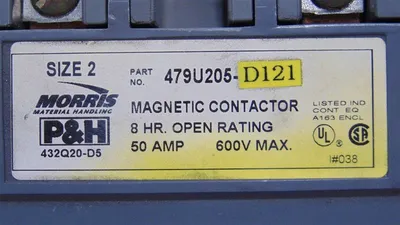 P&H 479U205-D121 Size 2 Magnetic Contactor 50A 110-120V / 220-240V Coil Used