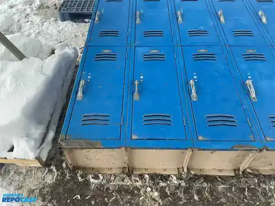 14 door blue metal locker unit 60”x84” (each one is approximately 10”24”x10”)