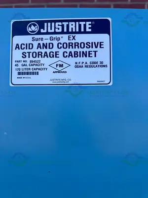 USED JUSTRITE 45 GALLON ACID AND CORROSIVE STORAGE CABINET W/ SOFT CLOSE DOORS, KEY
