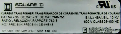 NEW TELEMECANIQUE VY1A66110 CURRENT TRANSFORMER 76R-751 RATIO 750:5